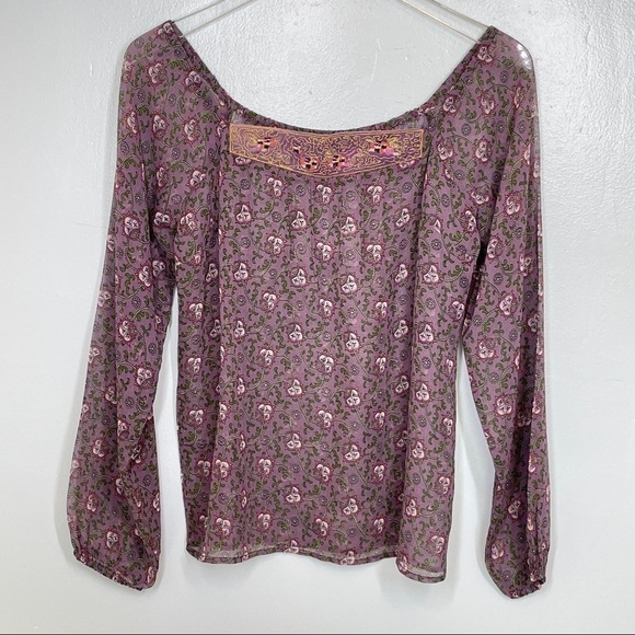 Anthropologie Tops - Anthropologie Lux Sheer Purple Floral Pullover Top w/Gold Embroidery Front Sz M